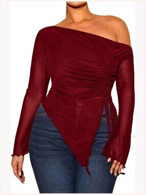 Plus Size Sheer Mesh Off Shoulder Top Long Sleeve Drawstring Asymmetrical Hem